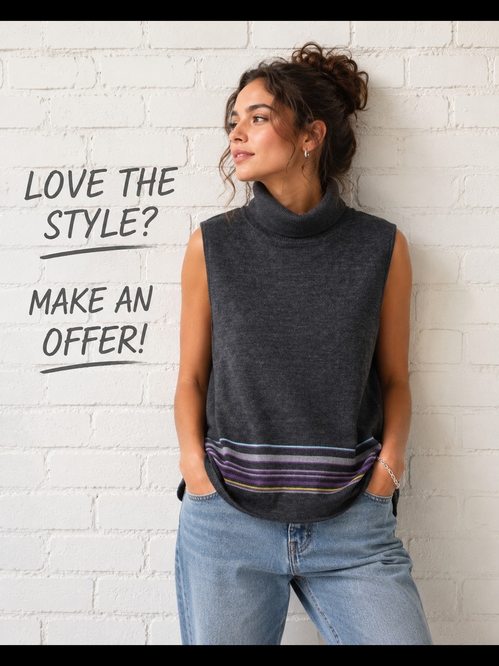 Good Clothes Sleeveless Turtleneck Sweater Vest Striped Hem Gray Medium